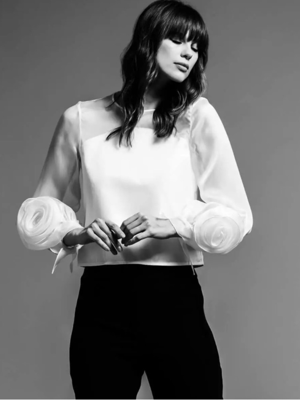 Anne Fontaine White Sheer Sleeve Blouse with Rosette Cuffs